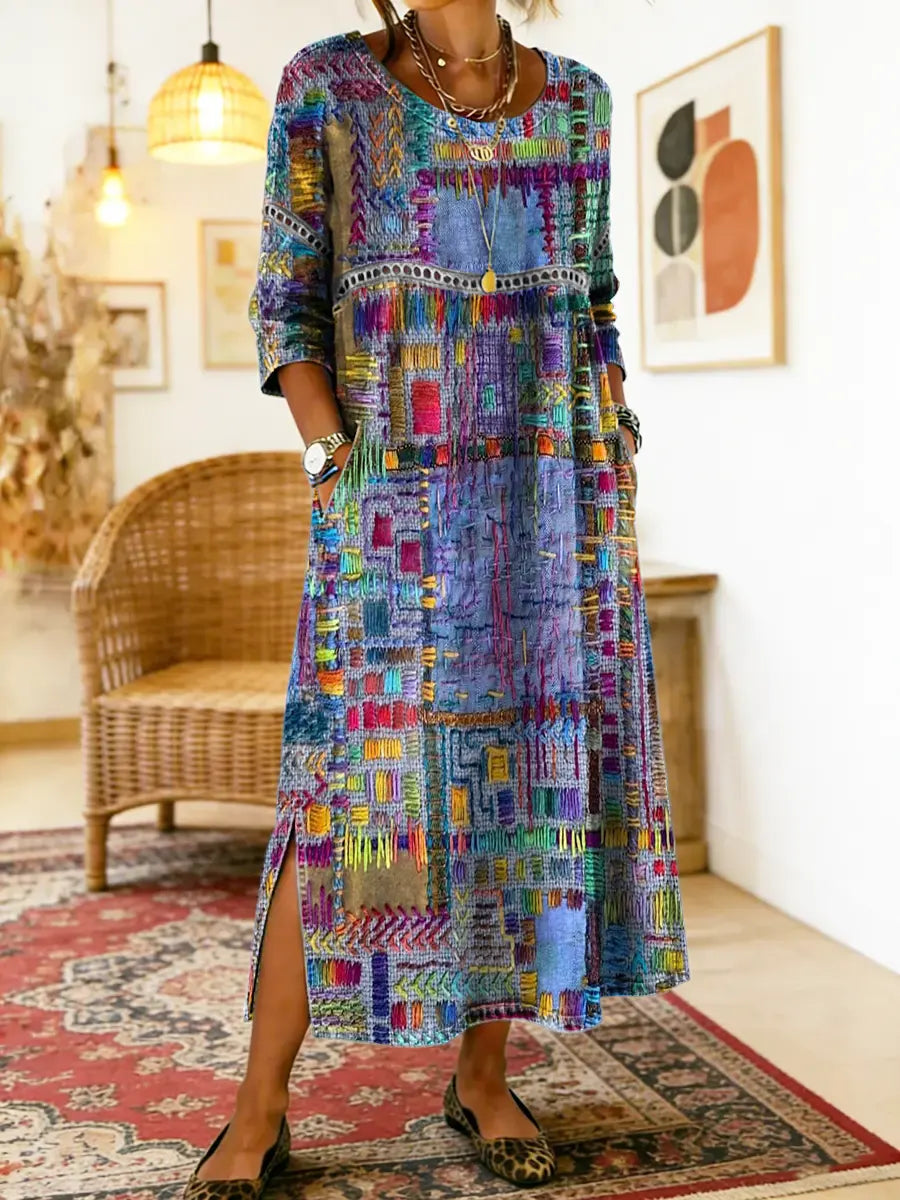 Robe Femme Denim Fluide Patchwork Ethnique pour Style Bohème et Élégant Quotidien