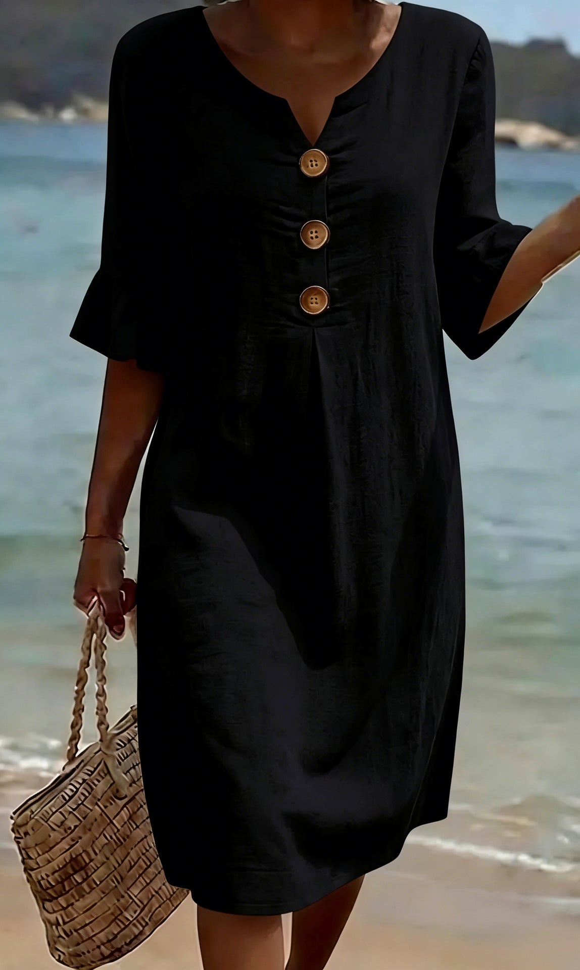 Robe Femme Coton Lin Boutonnée Manches Volantées Style Estival