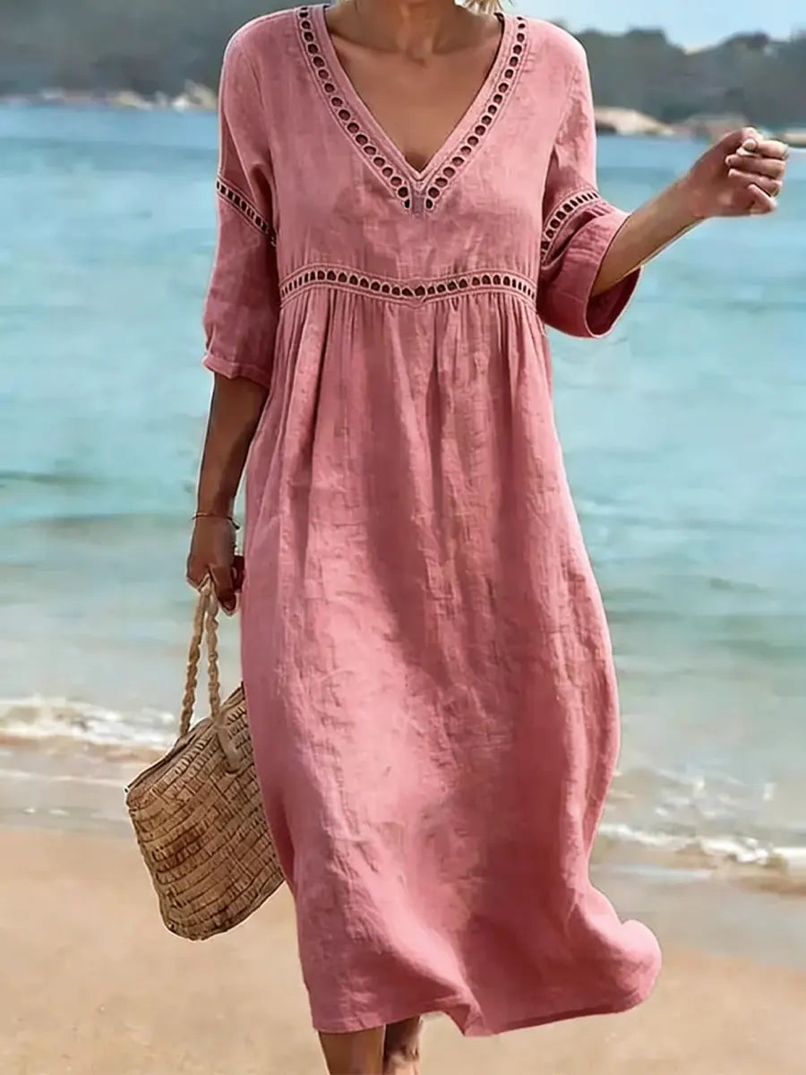 Robe Femme Coton Col V Coupe Fluide Style Décontracté Élégant