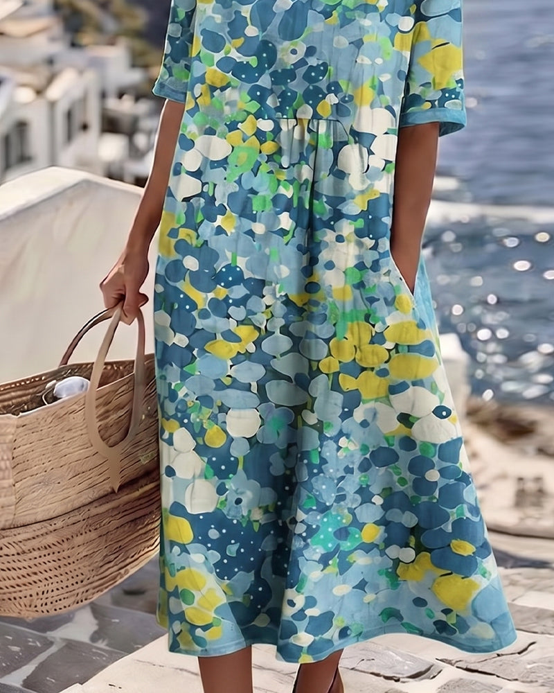 Robe Midi Femme Coton Lin Imprimé Floral Abstrait Poches Manches Courtes