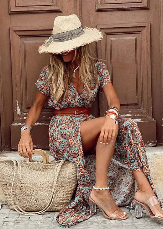 Robe femme maxi bohème fluide col V manches courtes élégante été