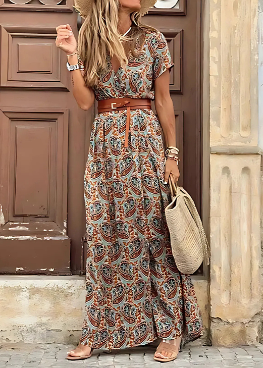 Robe femme maxi bohème fluide col V manches courtes élégante été