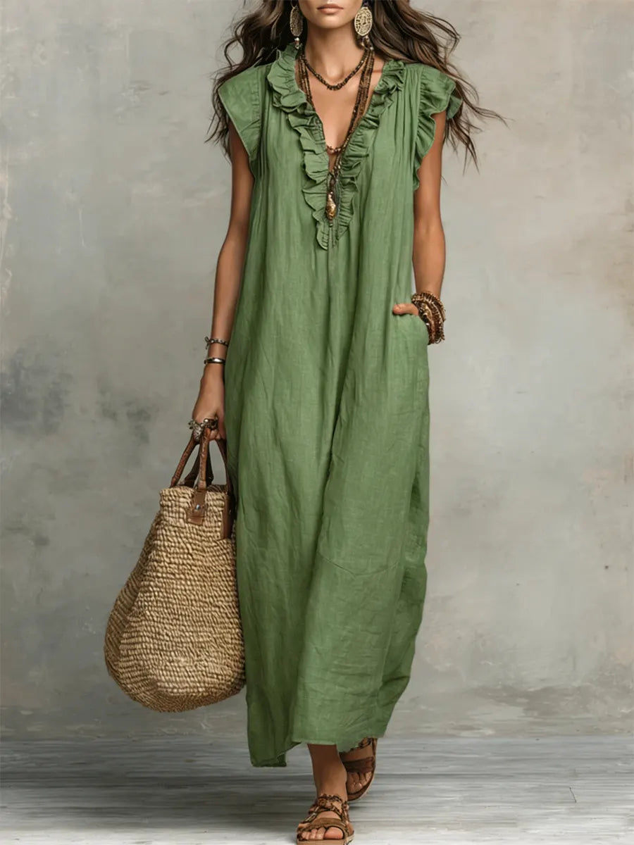 Robe Femme Longue Bohème Lin Coton Coupe Fluide Élégante