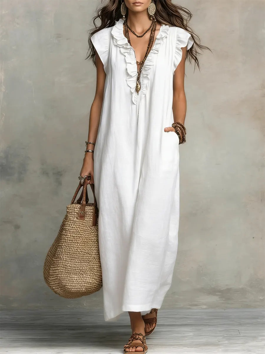 Robe Femme Longue Bohème Lin Coton Coupe Fluide Élégante