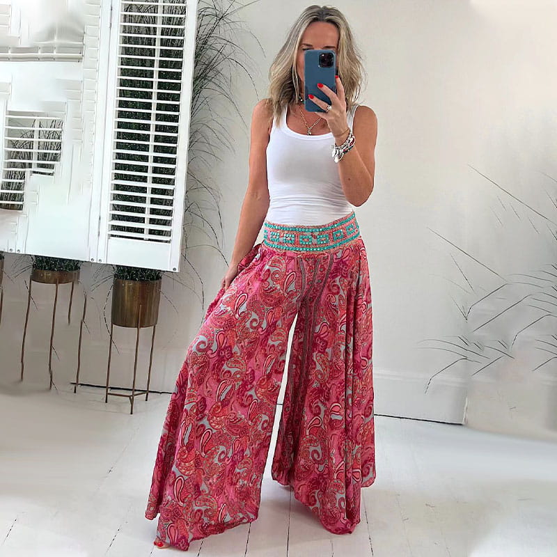 Pantalon léger à taille élastiquée et patchwork, imprimé marguerite ethnique