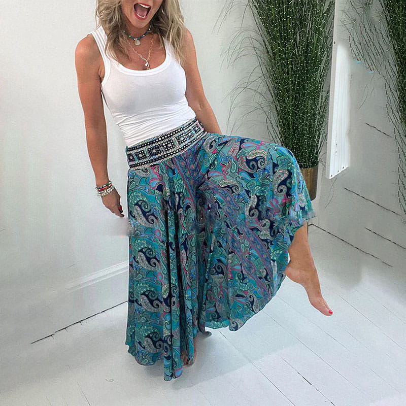 Pantalon léger à taille élastiquée et patchwork, imprimé marguerite ethnique