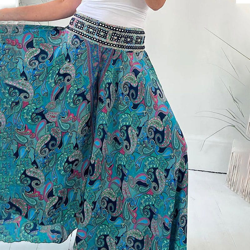 Pantalon léger à taille élastiquée et patchwork, imprimé marguerite ethnique