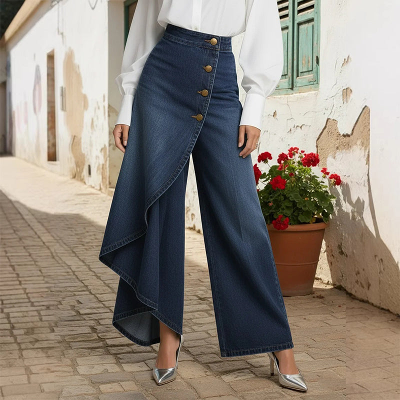 🔥 50 % DE RÉDUCTION 👖 Jupe-pantalon asymétrique en jean à effet portefeuille 🌀 Taille haute, jambes larges et patte de boutonnage tendance ✨