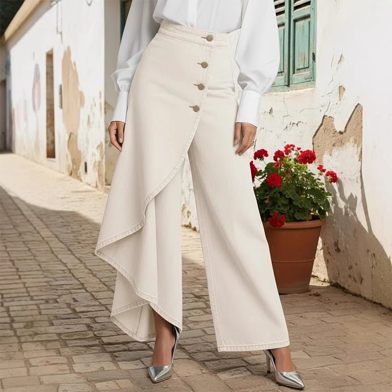 🔥 50 % DE RÉDUCTION 👖 Jupe-pantalon asymétrique en jean à effet portefeuille 🌀 Taille haute, jambes larges et patte de boutonnage tendance ✨
