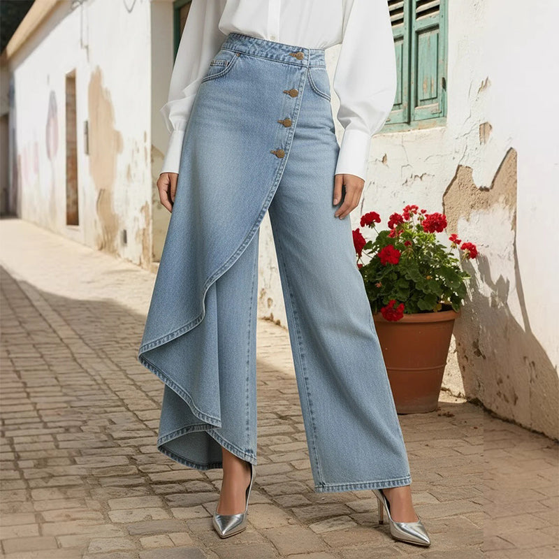 🔥 50 % DE RÉDUCTION 👖 Jupe-pantalon asymétrique en jean à effet portefeuille 🌀 Taille haute, jambes larges et patte de boutonnage tendance ✨