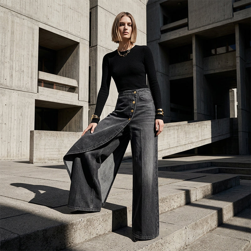 🔥 50 % DE RÉDUCTION 👖 Jupe-pantalon asymétrique en jean à effet portefeuille 🌀 Taille haute, jambes larges et patte de boutonnage tendance ✨
