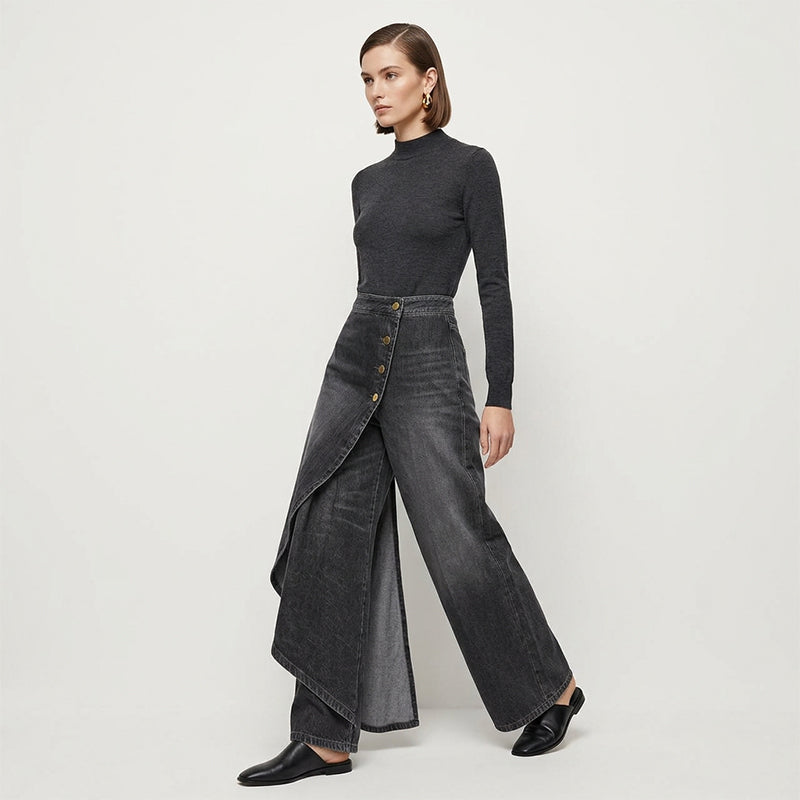 🔥 50 % DE RÉDUCTION 👖 Jupe-pantalon asymétrique en jean à effet portefeuille 🌀 Taille haute, jambes larges et patte de boutonnage tendance ✨