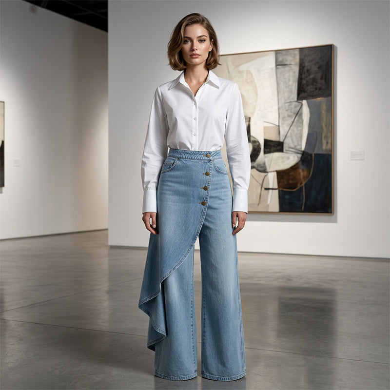 🔥 50 % DE RÉDUCTION 👖 Jupe-pantalon asymétrique en jean à effet portefeuille 🌀 Taille haute, jambes larges et patte de boutonnage tendance ✨