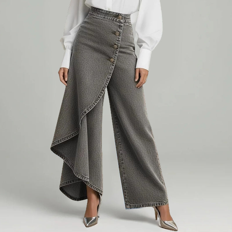 🔥 50 % DE RÉDUCTION 👖 Jupe-pantalon asymétrique en jean à effet portefeuille 🌀 Taille haute, jambes larges et patte de boutonnage tendance ✨