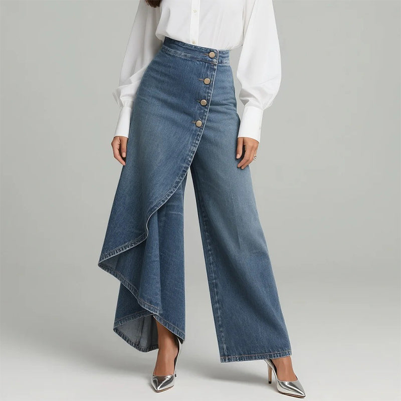 🔥 50 % DE RÉDUCTION 👖 Jupe-pantalon asymétrique en jean à effet portefeuille 🌀 Taille haute, jambes larges et patte de boutonnage tendance ✨