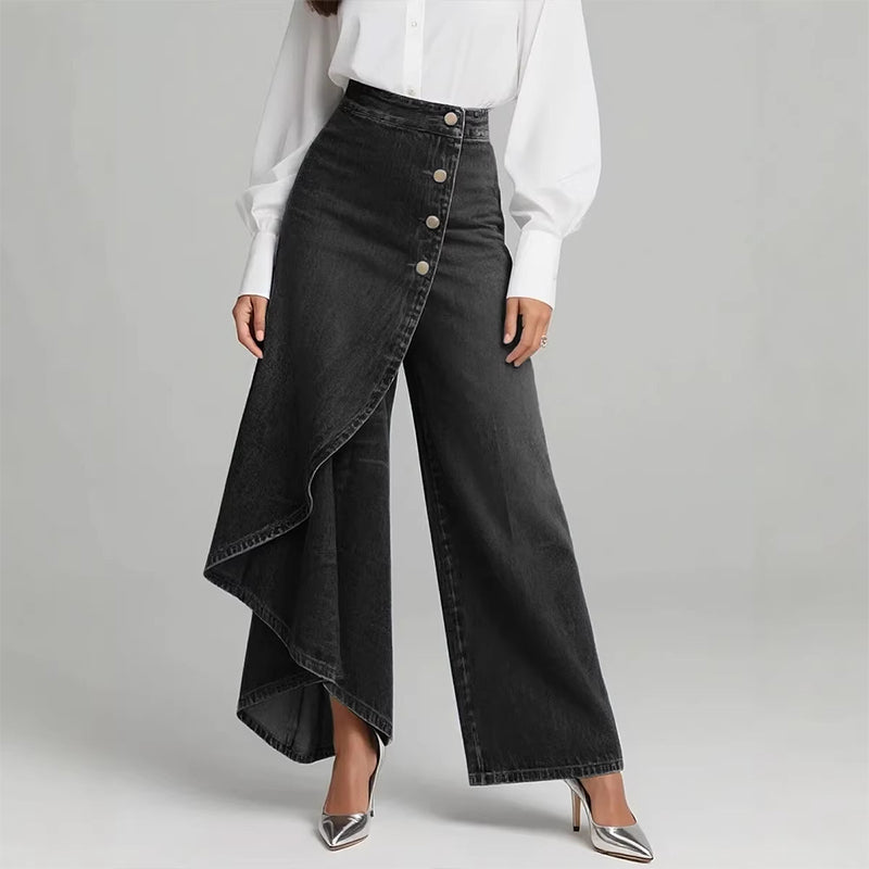 🔥 50 % DE RÉDUCTION 👖 Jupe-pantalon asymétrique en jean à effet portefeuille 🌀 Taille haute, jambes larges et patte de boutonnage tendance ✨