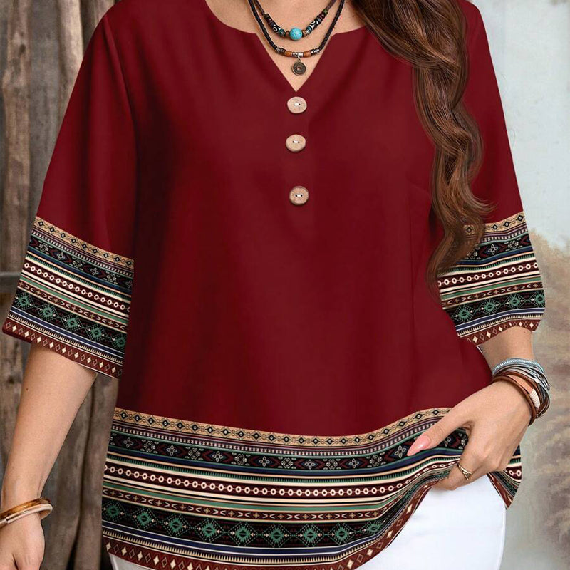 👔 -50% DE RÉDUCTION ✨ Top Casual Femme – Col V, boutonnière & bordures imprimées – Doux, chic & parfait pour l'automne 🍂