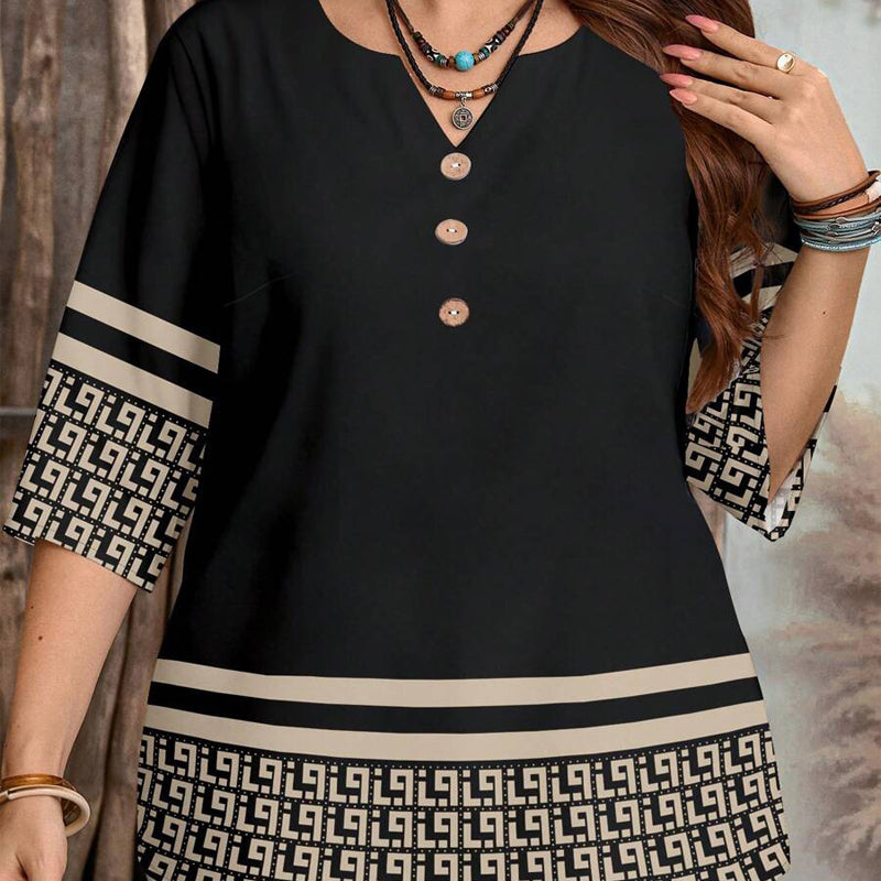 👔 -50% DE RÉDUCTION ✨ Top Casual Femme – Col V, boutonnière & bordures imprimées – Doux, chic & parfait pour l'automne 🍂