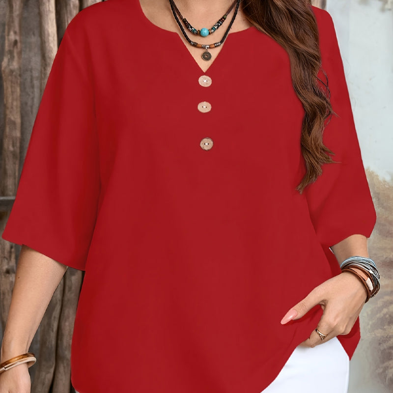 👔 -50% DE RÉDUCTION ✨ Top Casual Femme – Col V, boutonnière & bordures imprimées – Doux, chic & parfait pour l'automne 🍂