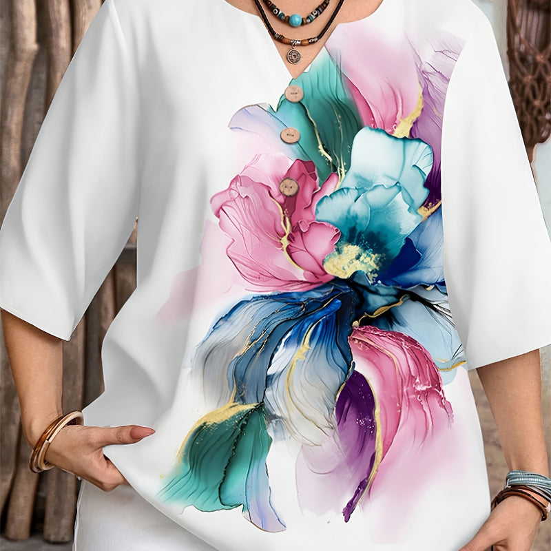 👔 -50% DE RÉDUCTION ✨ Top Casual Femme – Col V, boutonnière & bordures imprimées – Doux, chic & parfait pour l'automne 🍂