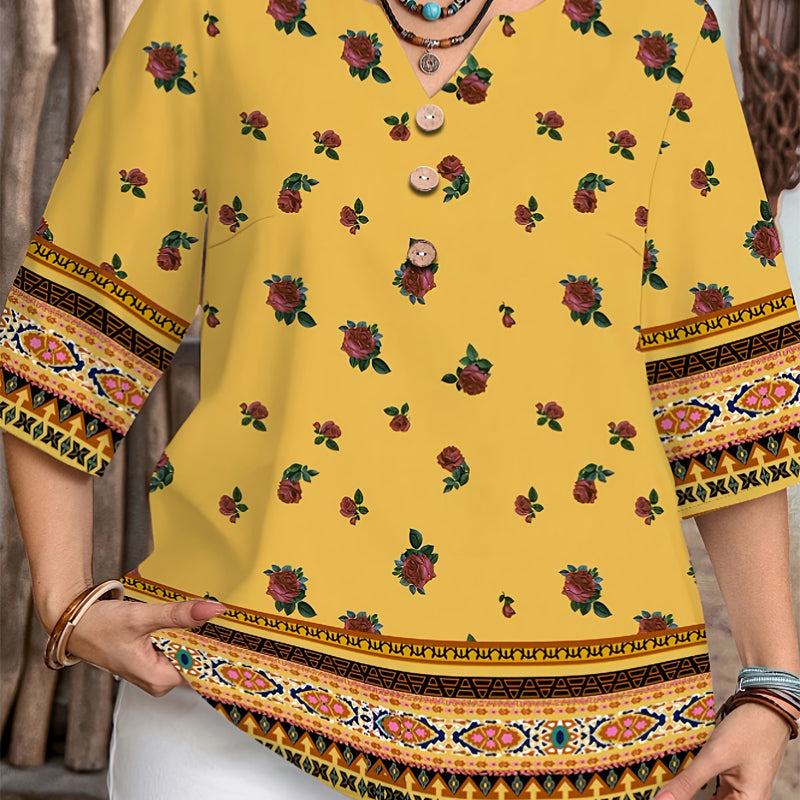 👔 -50% DE RÉDUCTION ✨ Top Casual Femme – Col V, boutonnière & bordures imprimées – Doux, chic & parfait pour l'automne 🍂