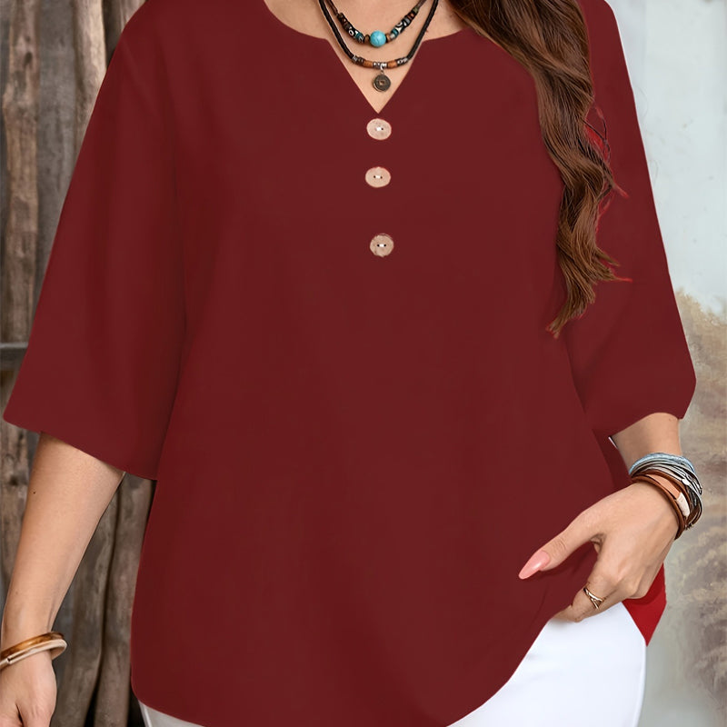 👔 -50% DE RÉDUCTION ✨ Top Casual Femme – Col V, boutonnière & bordures imprimées – Doux, chic & parfait pour l'automne 🍂