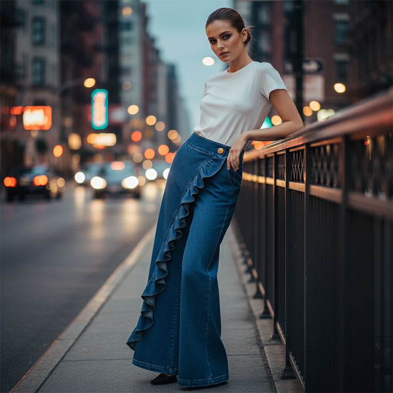 🎉 Fête à moitié prix !👖Pantalon en jean à jambes larges et volants asymétriques pour femme – Élégant, respirant et une pièce unique qui ne passe pas inaperçue 💥