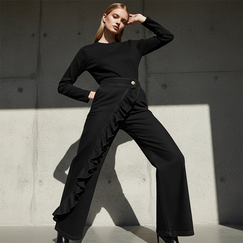 🎉 Fête à moitié prix !👖Pantalon en jean à jambes larges et volants asymétriques pour femme – Élégant, respirant et une pièce unique qui ne passe pas inaperçue 💥