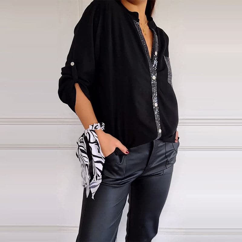 Haut Décontracté en Patchwork avec Paillettes pour Femmes