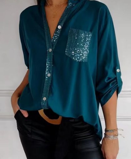 Haut Décontracté en Patchwork avec Paillettes pour Femmes