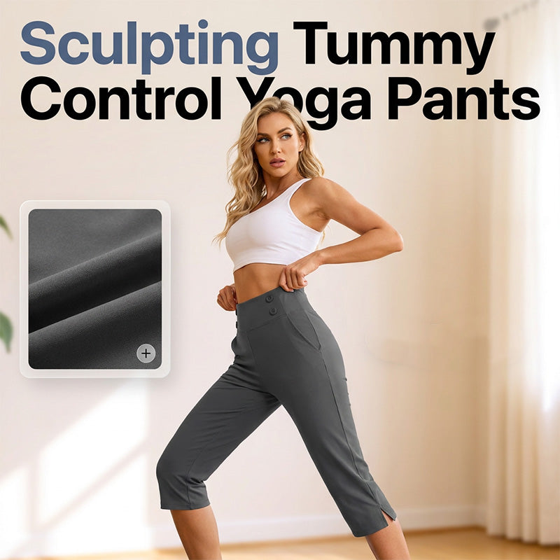 🧘‍♀️👖 PROMO FLASH 50% ! Pantalon de Yoga Capri Amincissant – Tissu Ultra-Doux 4-Way Stretch, Poche Latérale, Effet Galbant Ventre, Boutons Décoratifs, 6 Couleurs 🌬️