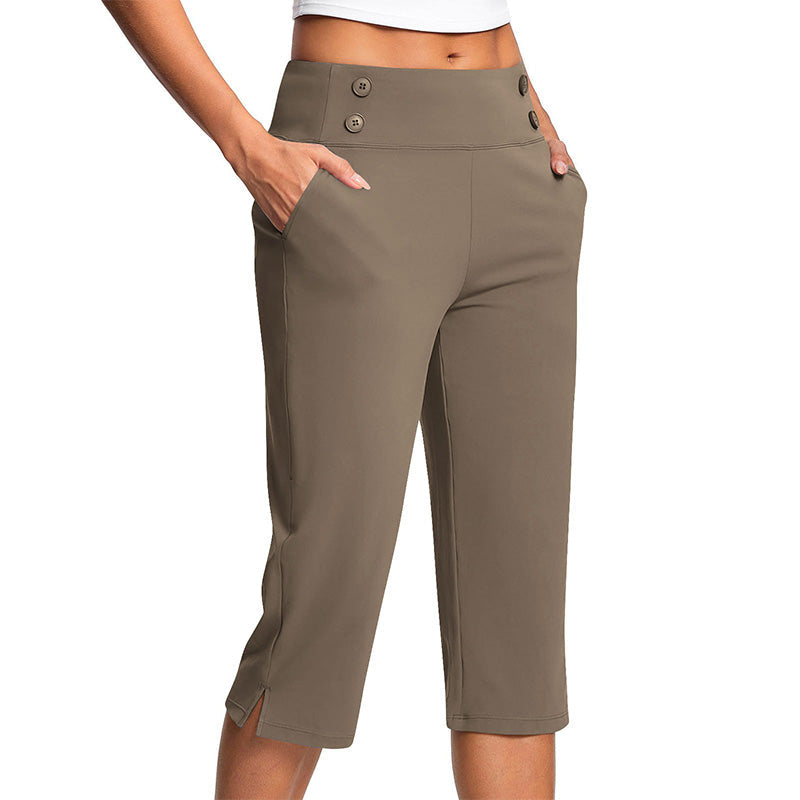 🧘‍♀️👖 PROMO FLASH 50% ! Pantalon de Yoga Capri Amincissant – Tissu Ultra-Doux 4-Way Stretch, Poche Latérale, Effet Galbant Ventre, Boutons Décoratifs, 6 Couleurs 🌬️
