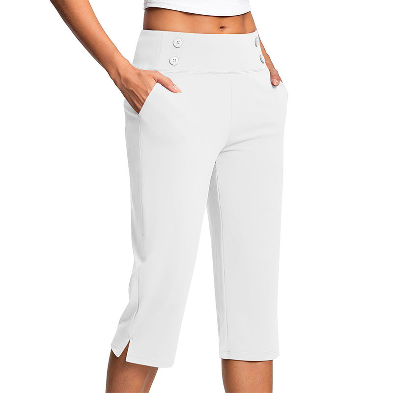 🧘‍♀️👖 PROMO FLASH 50% ! Pantalon de Yoga Capri Amincissant – Tissu Ultra-Doux 4-Way Stretch, Poche Latérale, Effet Galbant Ventre, Boutons Décoratifs, 6 Couleurs 🌬️