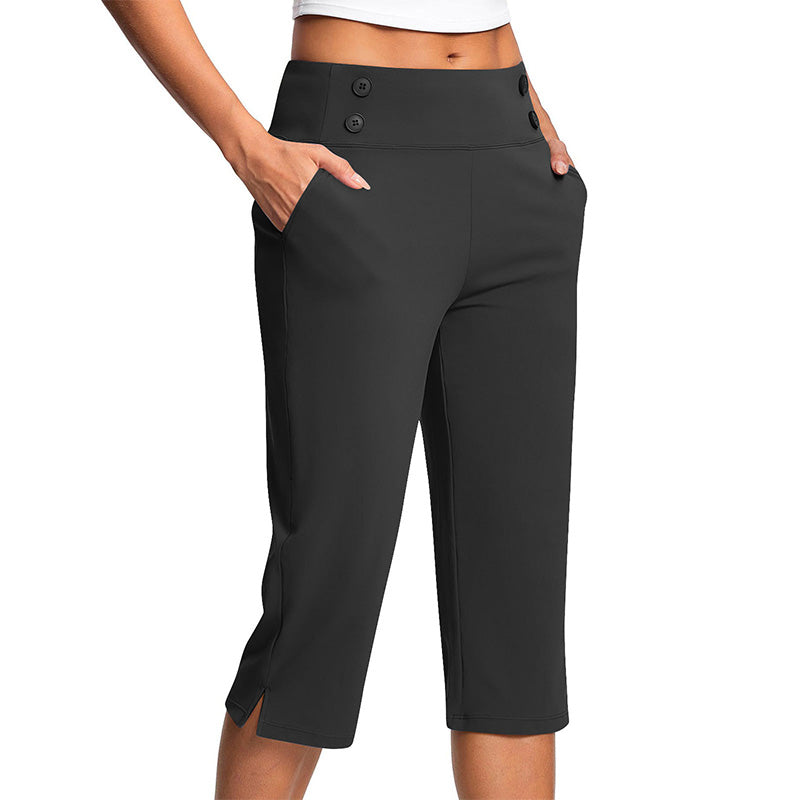 🧘‍♀️👖 PROMO FLASH 50% ! Pantalon de Yoga Capri Amincissant – Tissu Ultra-Doux 4-Way Stretch, Poche Latérale, Effet Galbant Ventre, Boutons Décoratifs, 6 Couleurs 🌬️
