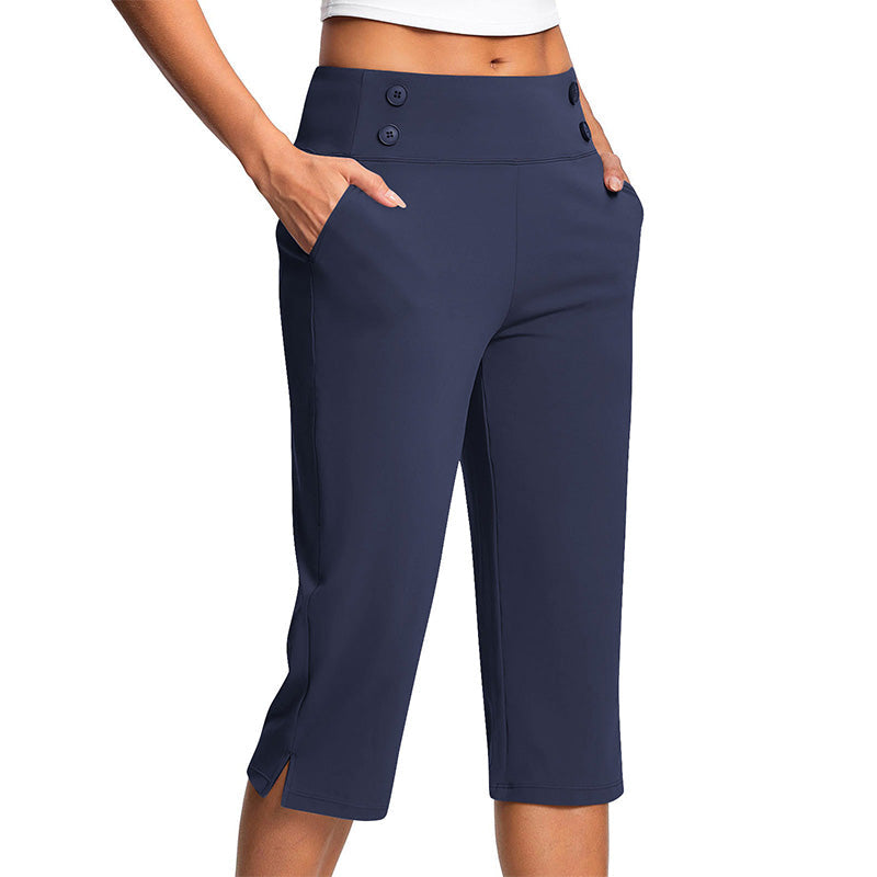 🧘‍♀️👖 PROMO FLASH 50% ! Pantalon de Yoga Capri Amincissant – Tissu Ultra-Doux 4-Way Stretch, Poche Latérale, Effet Galbant Ventre, Boutons Décoratifs, 6 Couleurs 🌬️
