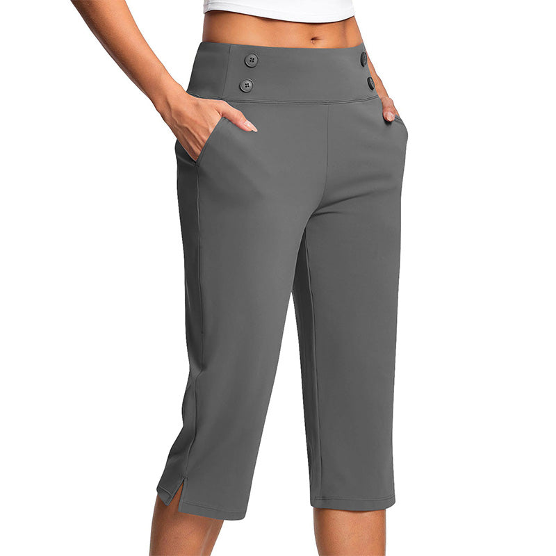 🧘‍♀️👖 PROMO FLASH 50% ! Pantalon de Yoga Capri Amincissant – Tissu Ultra-Doux 4-Way Stretch, Poche Latérale, Effet Galbant Ventre, Boutons Décoratifs, 6 Couleurs 🌬️