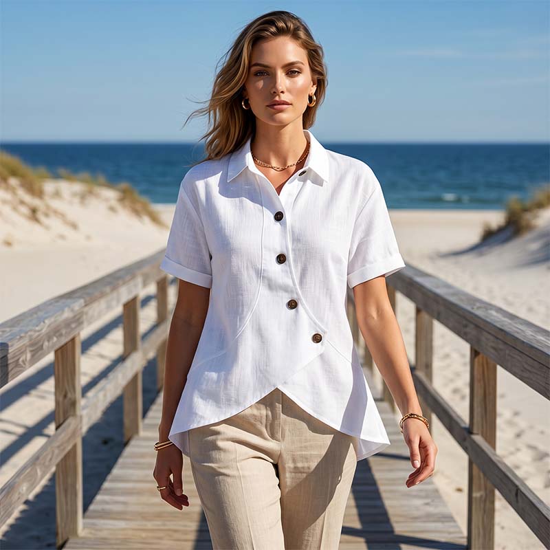 Chemise asymétrique à manches courtes boutonnée pour femme
