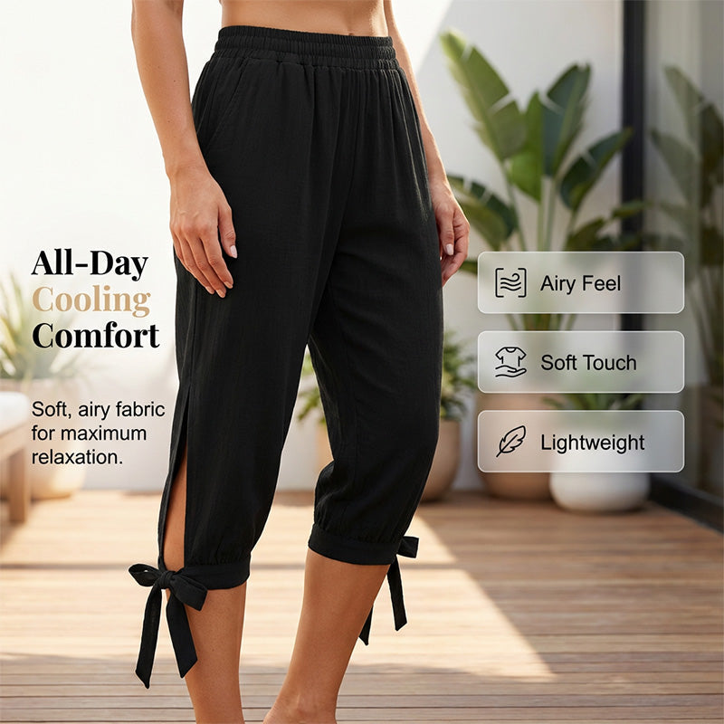 👖 OFFRE LIMITÉE : 50 % DE RÉDUCTION ! ✨ Pantalon Capri femme à taille élastique – Respirant, extensible, détail noué sur le côté 🌿