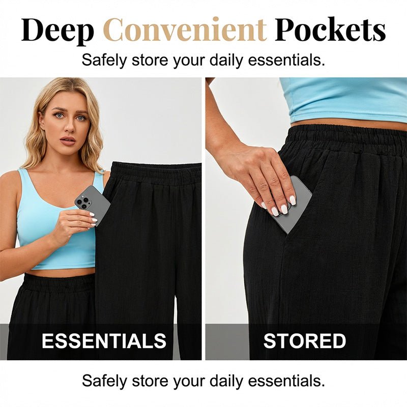 👖 OFFRE LIMITÉE : 50 % DE RÉDUCTION ! ✨ Pantalon Capri femme à taille élastique – Respirant, extensible, détail noué sur le côté 🌿