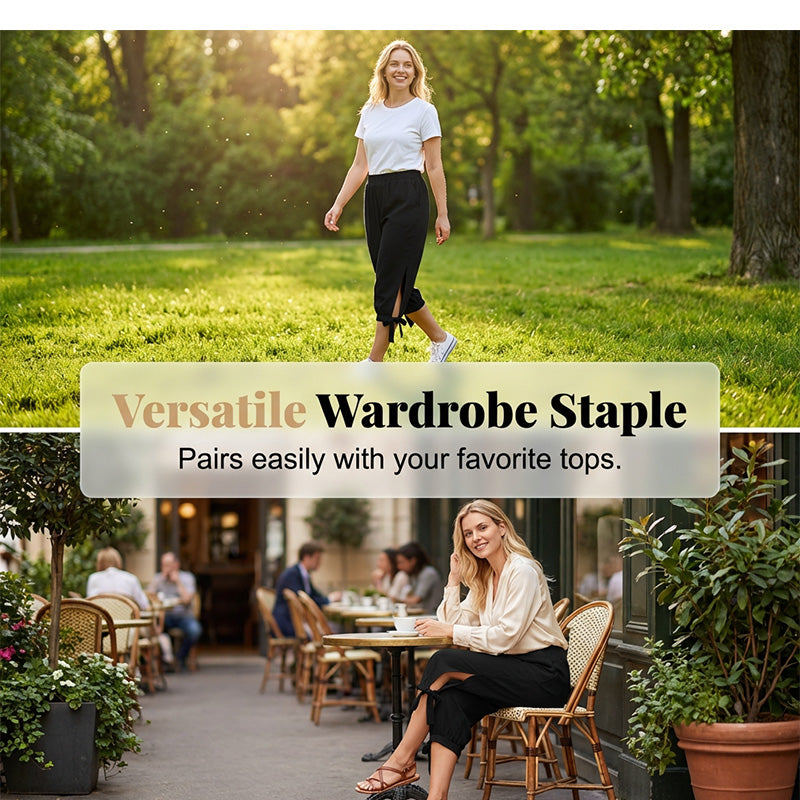 👖 OFFRE LIMITÉE : 50 % DE RÉDUCTION ! ✨ Pantalon Capri femme à taille élastique – Respirant, extensible, détail noué sur le côté 🌿