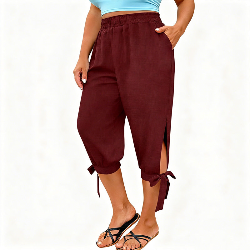 👖 OFFRE LIMITÉE : 50 % DE RÉDUCTION ! ✨ Pantalon Capri femme à taille élastique – Respirant, extensible, détail noué sur le côté 🌿