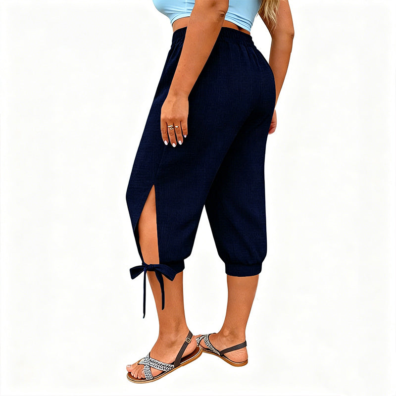 👖 OFFRE LIMITÉE : 50 % DE RÉDUCTION ! ✨ Pantalon Capri femme à taille élastique – Respirant, extensible, détail noué sur le côté 🌿