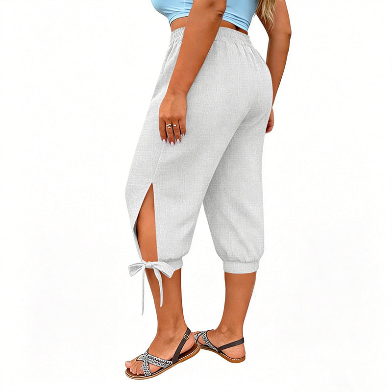 👖 OFFRE LIMITÉE : 50 % DE RÉDUCTION ! ✨ Pantalon Capri femme à taille élastique – Respirant, extensible, détail noué sur le côté 🌿