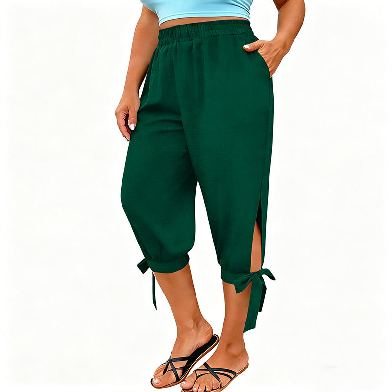 👖 OFFRE LIMITÉE : 50 % DE RÉDUCTION ! ✨ Pantalon Capri femme à taille élastique – Respirant, extensible, détail noué sur le côté 🌿