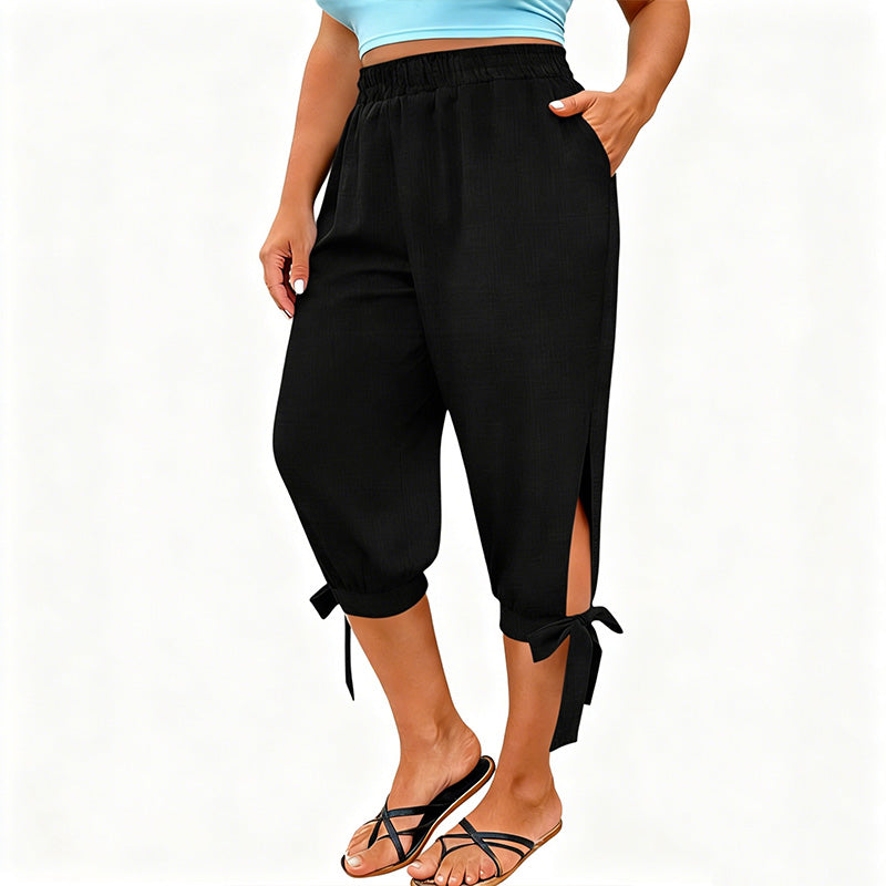 👖 OFFRE LIMITÉE : 50 % DE RÉDUCTION ! ✨ Pantalon Capri femme à taille élastique – Respirant, extensible, détail noué sur le côté 🌿