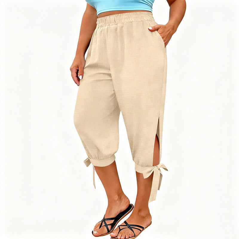 👖 OFFRE LIMITÉE : 50 % DE RÉDUCTION ! ✨ Pantalon Capri femme à taille élastique – Respirant, extensible, détail noué sur le côté 🌿