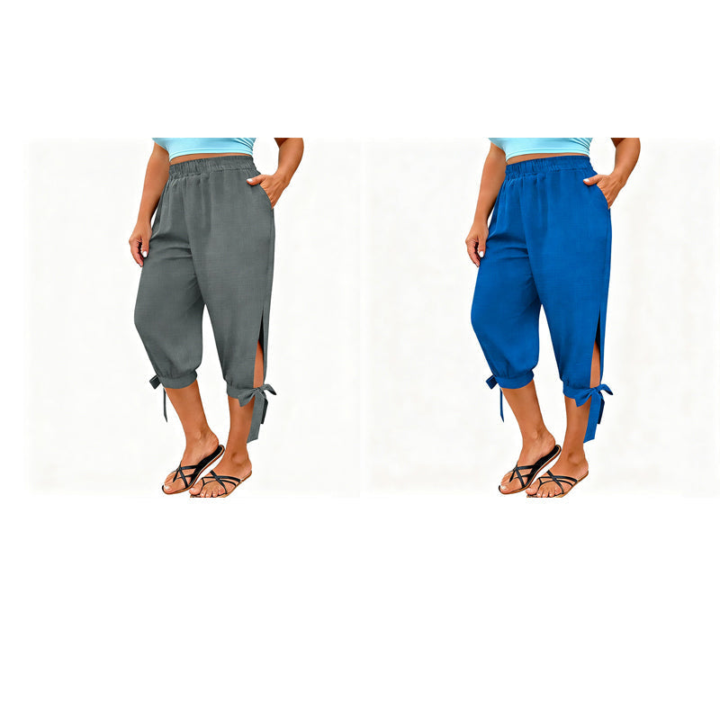 👖 OFFRE LIMITÉE : 50 % DE RÉDUCTION ! ✨ Pantalon Capri femme à taille élastique – Respirant, extensible, détail noué sur le côté 🌿