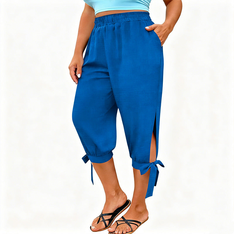 👖 OFFRE LIMITÉE : 50 % DE RÉDUCTION ! ✨ Pantalon Capri femme à taille élastique – Respirant, extensible, détail noué sur le côté 🌿
