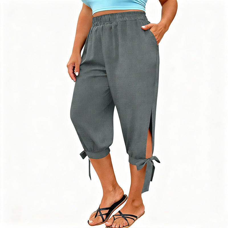 👖 OFFRE LIMITÉE : 50 % DE RÉDUCTION ! ✨ Pantalon Capri femme à taille élastique – Respirant, extensible, détail noué sur le côté 🌿