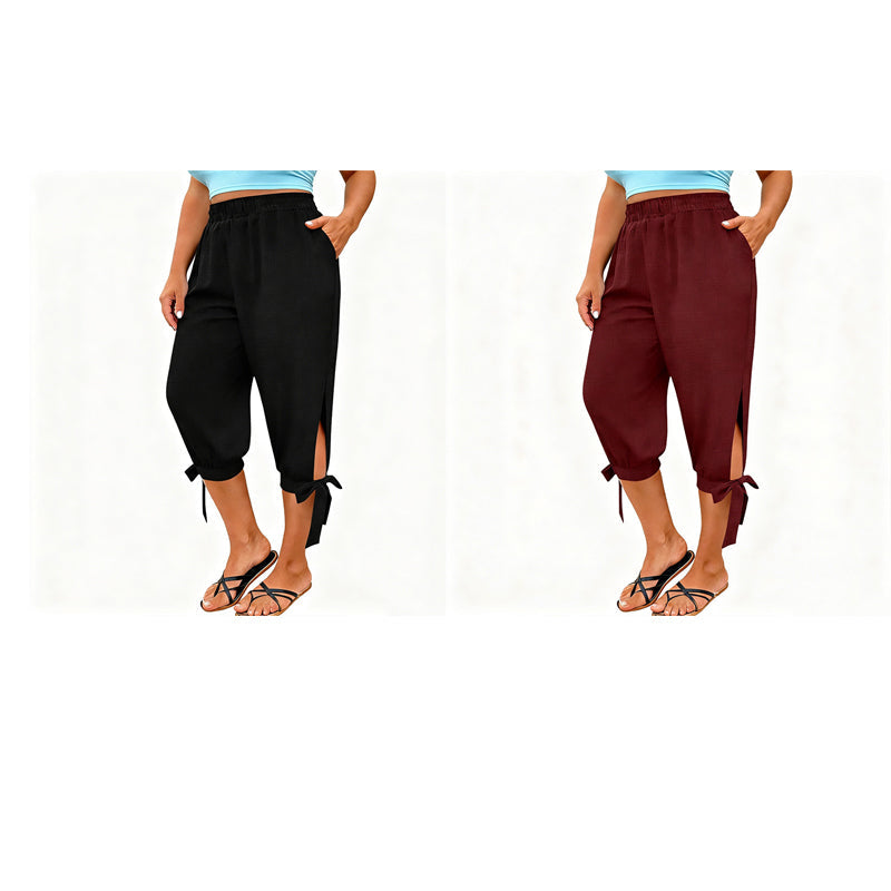 👖 OFFRE LIMITÉE : 50 % DE RÉDUCTION ! ✨ Pantalon Capri femme à taille élastique – Respirant, extensible, détail noué sur le côté 🌿